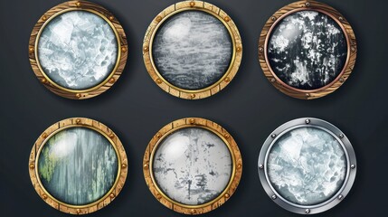 Set of round ui game frames, textured circles made of silver, gold, metal with snow, wood or stone materials Cartoon circular empty borders, isolated graphic design gui elements, Vector illustration - obrazy, fototapety, plakaty