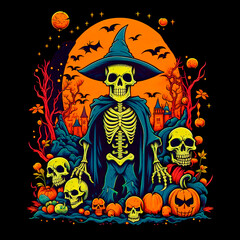 Classic Halloween design with skulls, Jack, pumpkins and bats