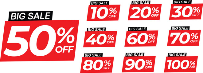 Trendy big sale red label different clearance value set. 10, 20, 30, 40, 50, 60, 70, 80, 90, 100 percent price cut out badge vector illustration isolated on white background, Discount price tags. - obrazy, fototapety, plakaty