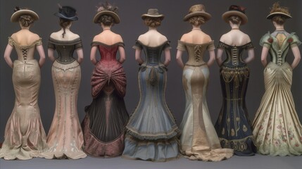 Elegant vintage gowns from behind, historical fashion and beauty