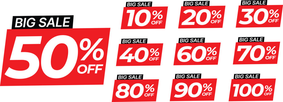 Trendy big sale red label different clearance value set. 10, 20, 30, 40, 50, 60, 70, 80, 90, 100 percent price cut out badge vector illustration isolated on white background, Discount price tags.