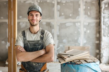 Young male tile installer in new home