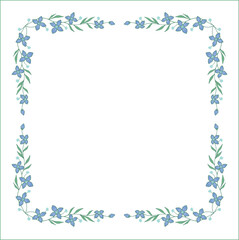 Green floral frame with leaves and blue flowers, decorative corners for greeting cards, banners, business cards, invitations, menus. Isolated vector illustration.	