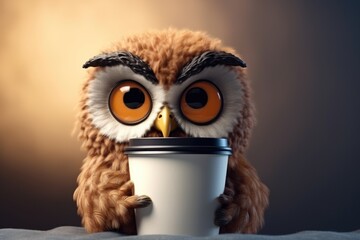 An owl with big eyes and a glass coffee.