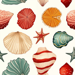 Seamless marine life drawing with sea shells and clams