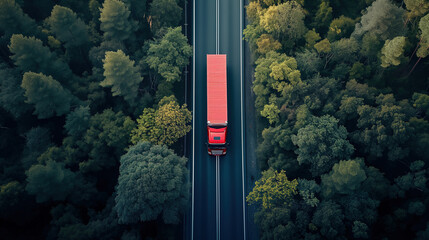Arial view of red heavy truck on a narrow road trough the forest © IBEX.Media