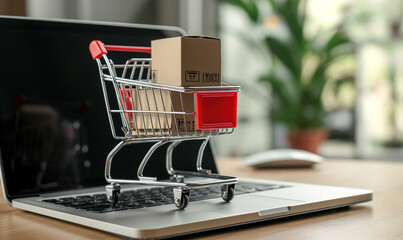Miniature shopping cart full with merchandise on laptop computer