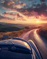 Fototapeta na wymiar A scenic countryside road with a vintage car parked, surrounded by rolling hills and a sunset sky