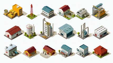 Vector isometric buildings icon set. Factories, plants, warehouse, conveyor and other industrial facilities - obrazy, fototapety, plakaty