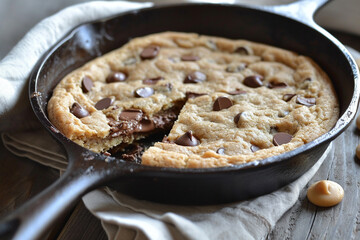Chocolate chip cookie in a skillet