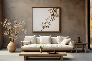 Step into a space of tranquility with a beige sofa and a suitable table, framed by an empty canvas ready for your unique expression.