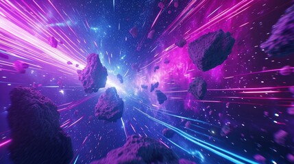 Fototapeta na wymiar Virtual Reality space world in a block, cube effect. Video Game retro asteroid field. purple, pink and blue lights racing along a digital landscape. 3D render