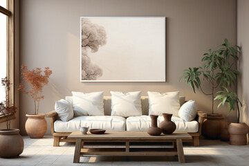 Step into a space of tranquility with a beige sofa and a suitable table, framed by an empty canvas ready for your unique expression.