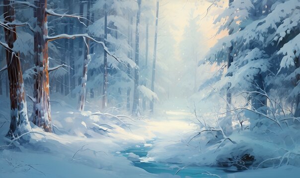 Winter forest with river and trees covered with snow. 3d render
