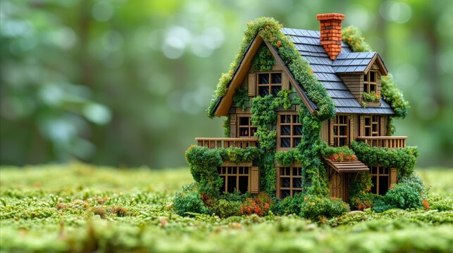 Miniature fairy tale house covered with green ivy in enchanted forest setting