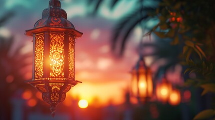 Lantern Light at Sunset with Warm Glow and Traditional Ambiance