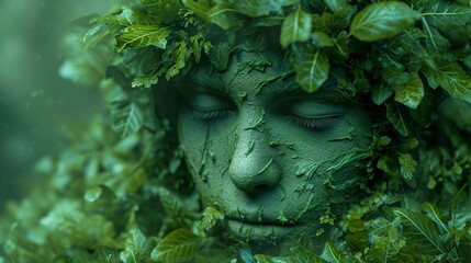Fantasy face made of green leaves. 3D rendering. Fantasy. Generative AI.