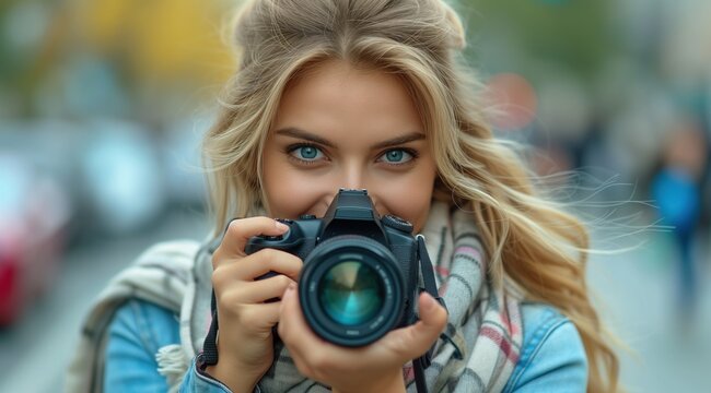 blonde woman influencer holding a digital camera in front of her face