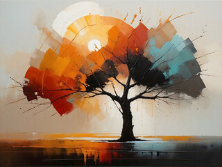 Abstract artistic painting of tree at sunset, wall art, background, wallpaper, oil on canvas