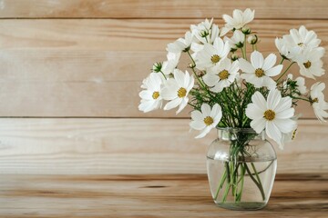 A simple bouquet of white flowers in a clear glass vase on a plain wooden table