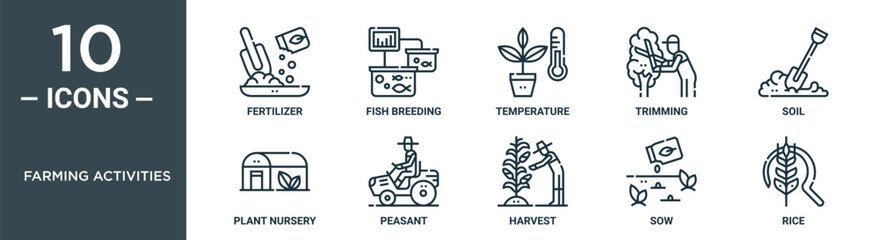 farming activities outline icon set includes thin line fertilizer, fish breeding, temperature, trimming, soil, plant nursery, peasant icons for report, presentation, diagram, web design - obrazy, fototapety, plakaty