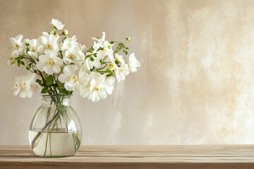 Fototapeta na wymiar A simple bouquet of white flowers in a clear glass vase on a plain wooden table