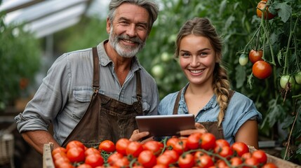 Young smiling agriculture woman and man worker, harvesting tomatoes in greenhouse.