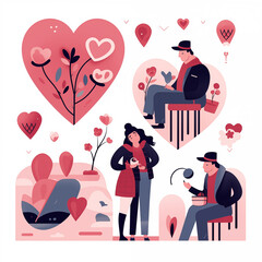 Illustration flat design set of Valentine's Day, isolated on white background.