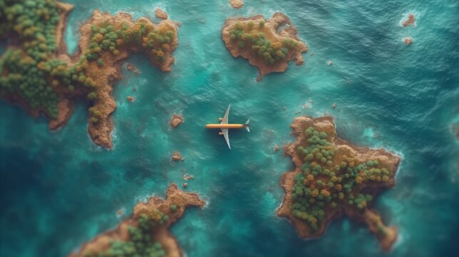 Aerial View Of A Plane Flying Over Tropical Islands And Crystal Blue Sea