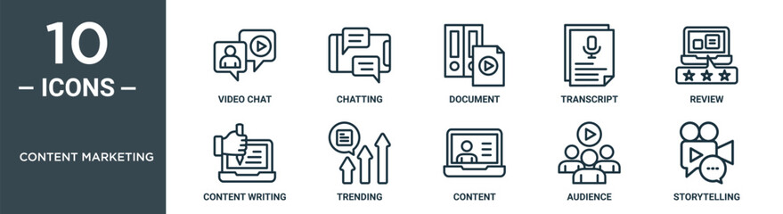 content marketing outline icon set includes thin line video chat, chatting, document, transcript, review, content writing, trending icons for report, presentation, diagram, web design - obrazy, fototapety, plakaty