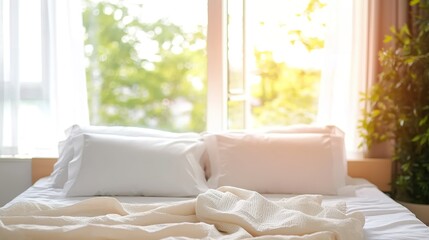 A bed in focus with pillows in a warm morning tone. Bed with white sheets and pillows with a blurred external background.