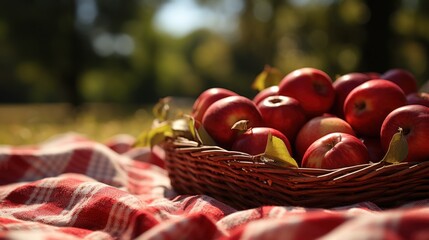 basket of red apples on a picnic blanket in sunny outdoor setting