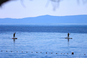 Silhouette of unrecognizable people paddleboarding on the beach.