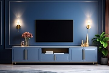 Cabinets and a wall for TV in a living room with captivating blue walls, adding a touch of richness to the interior
