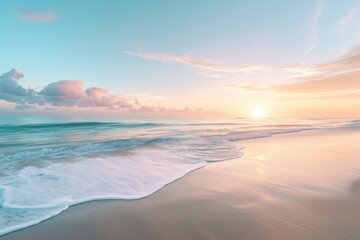 Fototapeta na wymiar A soft-focus image of a tranquil beach at sunrise, symbolizing peace and mental clarity