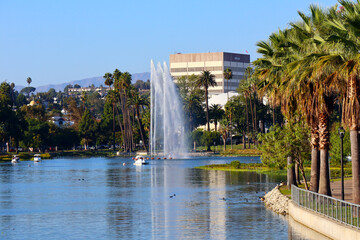 Los Angeles, California: Echo Park Lake, lake and urban park in the Echo Park neighborhood of Los...