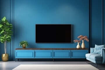 Cabinets and a wall for TV in a living room with striking blue walls, creating a luxurious and vibrant atmosphere
