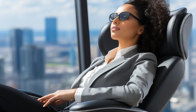 business woman relaxing in a comfortable chair near a large window