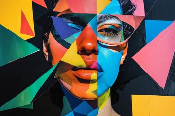 A surreal portrait of a person with a face divided into colorful geometric shapes, blending human and abstract art elements