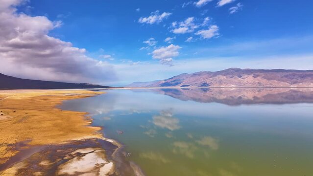 Reflections on Owens Lake Full of Water Aerial Drone California