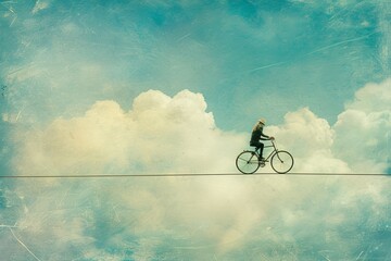 A surreal scene of a person riding a vintage bicycle on a tightrope suspended in the sky, representing balance and adventure