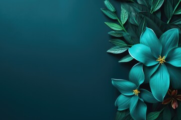 Tropical leaves and flowers on turquoise background. Copy space for product presentation