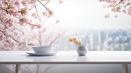 Obraz premium Creative space: Table background offers free room for decoration, with a blurred spring window view.