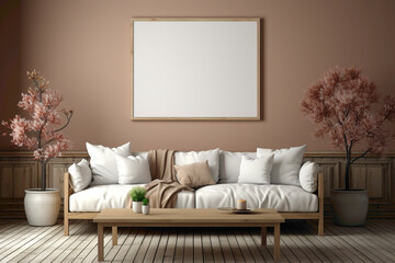 Visualize an elegant ambiance with a beige sofa and a complementary table, set against an empty blank frame, providing a canvas for your text to shine.