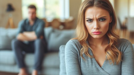 Upset woman in foreground with man in background in a modern living room - obrazy, fototapety, plakaty
