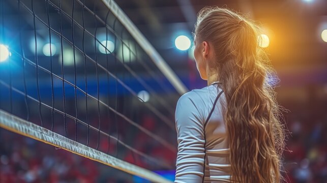 Female volleyball player waiting to serve at an indoor court