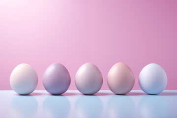Gradient colored eggs aligned on a vibrant pink backdrop. Ideal for Easter decoration or design inspiration. Concept: Easter, decoration, design inspiration.