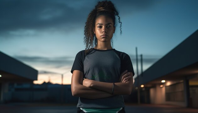 A full-length image of a determined black sporty girl woman, looking off-screen, alone outside a suburban concrete building at dusk. Cinematic, sport, AI.