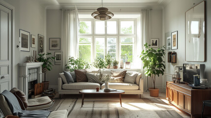 Fototapeta premium Modern interior design of a living room in Scandinavian style. An open space with a light sofa, a coffee table and small decorative elements. Design concept, interior.