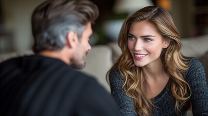 Engaging conversation between man and woman in cozy setting